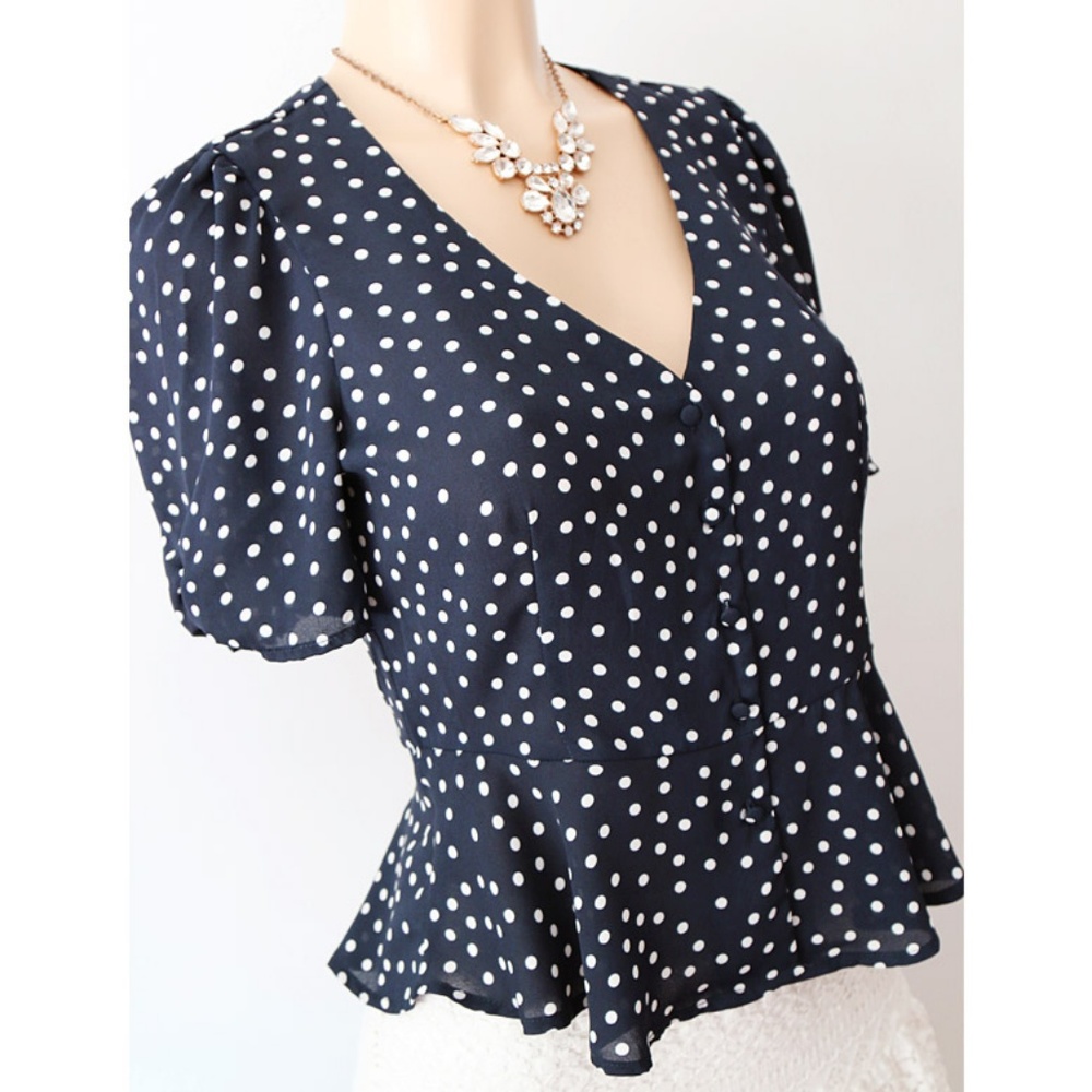 Navy Polka Dot Deep V Neck Button Peplum Shirt Top - Picture 6 of 8